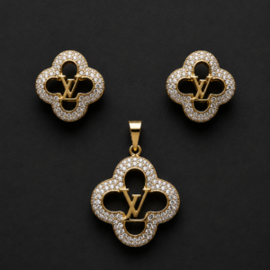 Gold Clover Monogram Pendant Set — Pavé