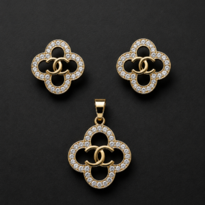 Gold Clover Interlock Pendant Set — Pavé