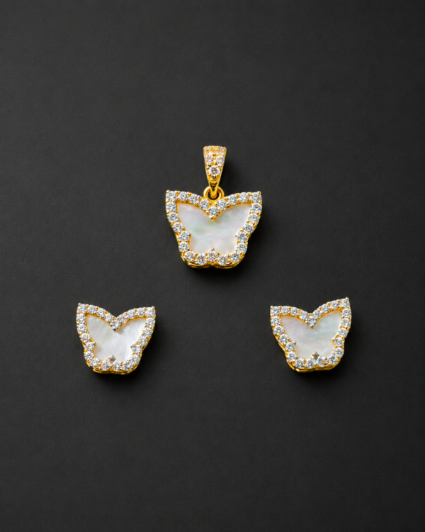Gold Butterfly Pendant Set — Mother-of-Pearl Pavé
