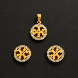 Gold Medallion Pendant Set — Cutout Cross Pavé Halo