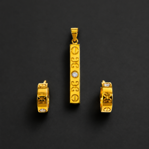 Gold Bar Pendant Set — Scroll Motif, Bezel Stones