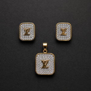 Gold Monogram Pendant Set — Pavé Framed Square