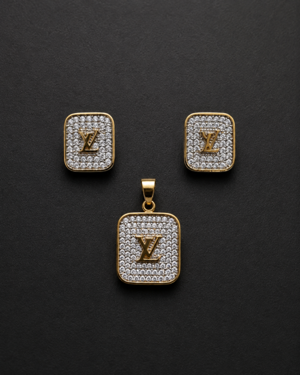 Gold Monogram Pendant Set — Pavé Framed Square