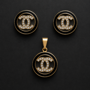 Gold Interlock Medallion Set — Black Enamel Pavé Halo