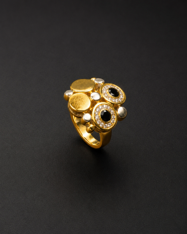 Gold Cluster Ring — Onyx & Pavé Halo
