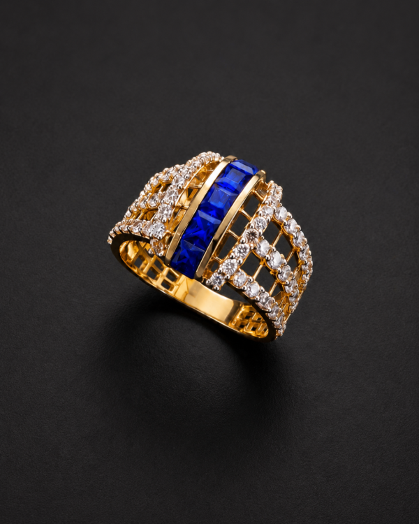 Gold Ring — Lattice Trellis, Sapphire Channel