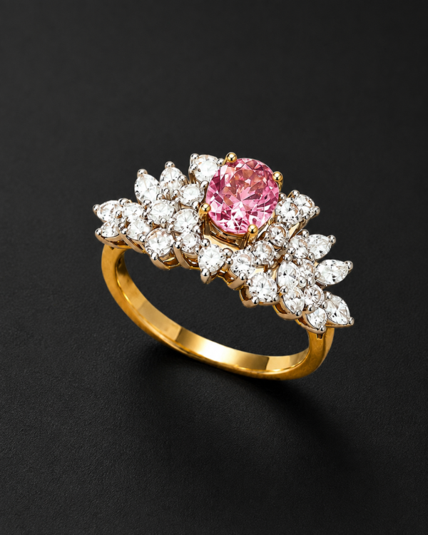 Gold Ring — Pink Sapphire, Diamond Wing Cluster