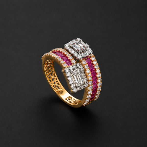 Gold Bypass Ring — Twin Diamond Clusters, Ruby Channel