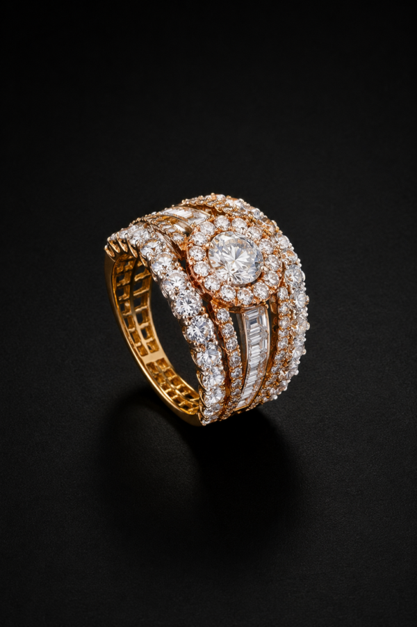 Gold Statement Ring — Multi-Row Diamond Halo