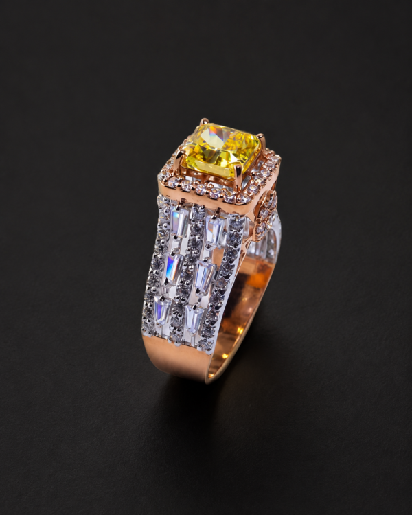 Rose Gold Ring — Canary Cushion, Baguette Shoulders