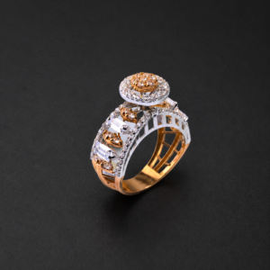 Rose Gold Cocktail Ring — Halo Cluster, Baguette Shoulder