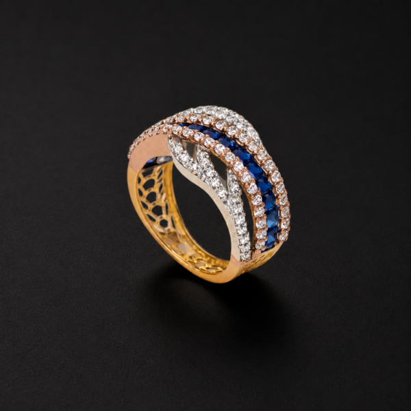 Gold Crossover Ring — Sapphire & Pavé Band