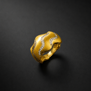 Gold Wave Ring — Brushed Finish, Pavé Rivers