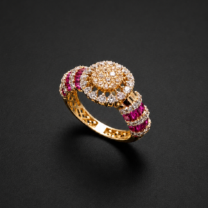Gold Cluster Ring — Ruby Baguette Shoulders