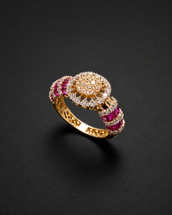 Gold Cluster Ring — Ruby Baguette Shoulders