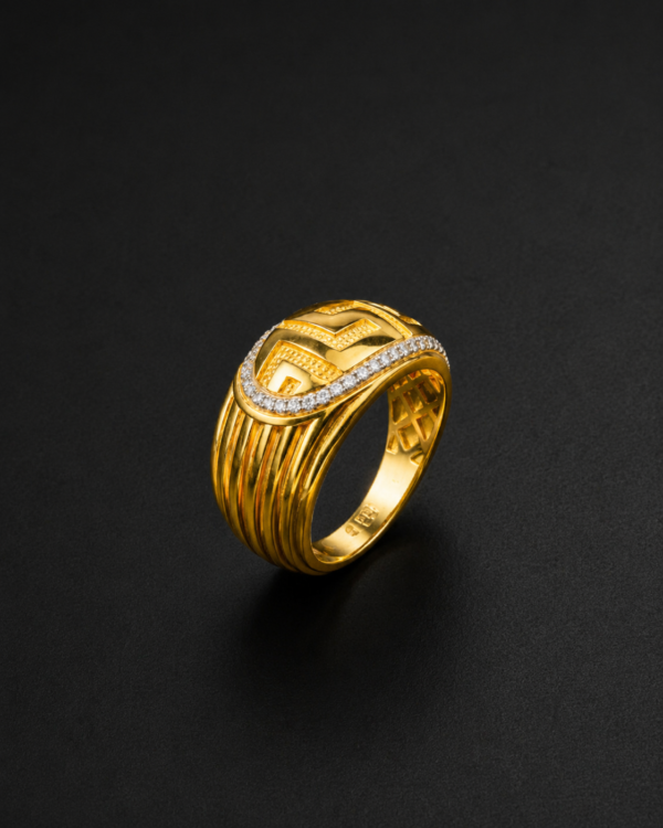 Gold Dome Ring — Meander Motif, Pavé Curve