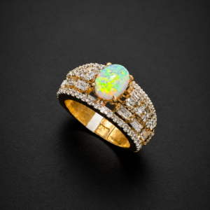 Gold Ring — Opal Cabochon, Diamond Wide Band