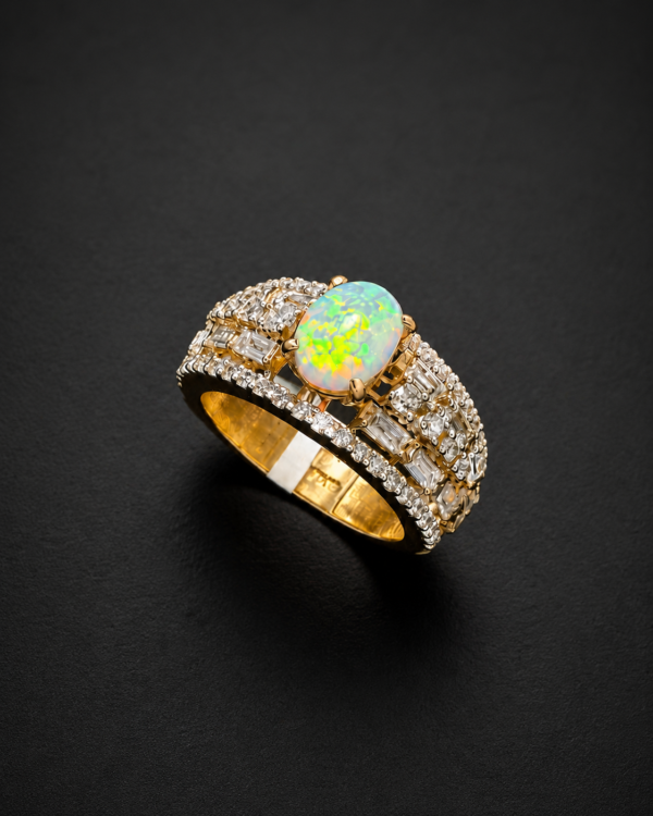 Gold Ring — Opal Cabochon, Diamond Wide Band