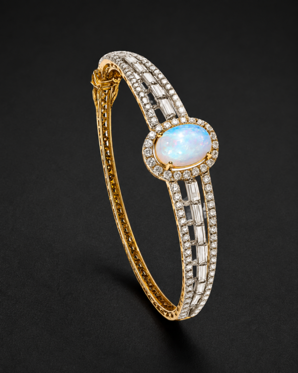 Gold Bangle Bracelet — Opal Halo, Triple Row