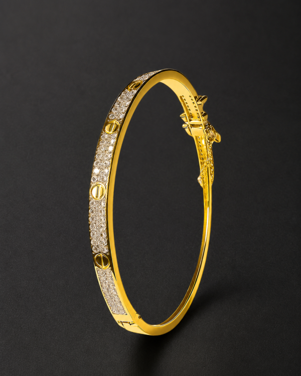 Gold Bangle Bracelet — Pavé Panel, Screw Motif