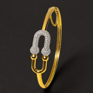 Gold Bangle Bracelet — Pavé Carabiner Clasp