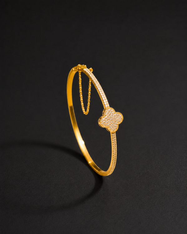 Gold Bangle Bracelet — Pavé Clover, Safety Chain