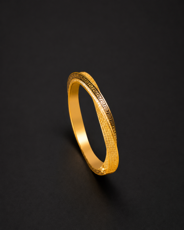 Gold Bangle Bracelet — Twisted Wave, Greek Key Border