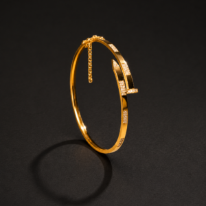 Gold Bangle Bracelet — Open Cuff, Pavé Nail Motif