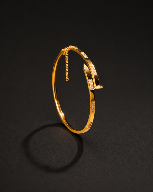 Gold Bangle Bracelet — Open Cuff, Pavé Nail Motif