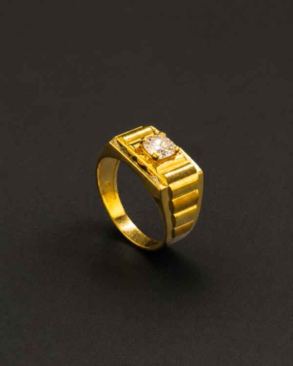 Men's Gold Ring — Raised Solitaire, Ribbed Shoulders