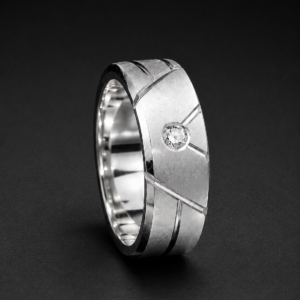 Men's Palladium Ring — Radial Cut Lines, Bezel Diamond