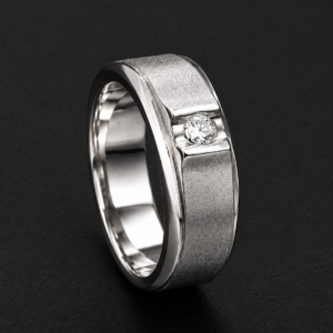 Men's Palladium Ring — Textured Band, Bezel Diamond
