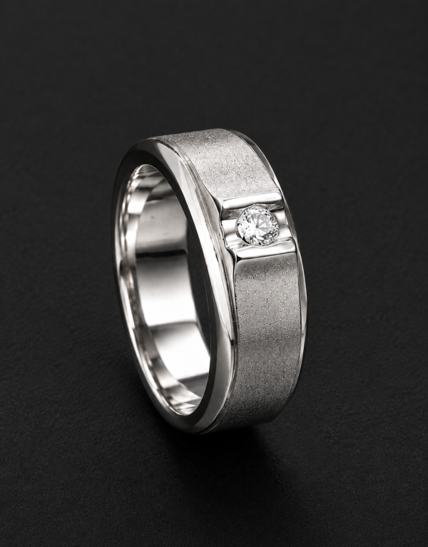 Men's Palladium Ring — Textured Band, Bezel Diamond