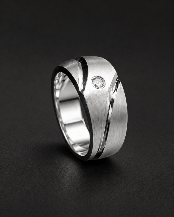 Men's Palladium Ring — Sculpted Groove, Bezel Diamond