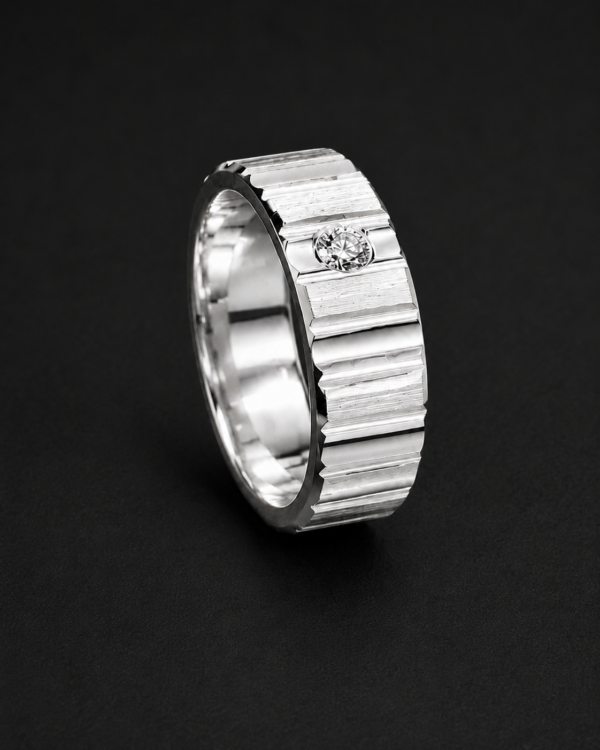 Men's Palladium Ring — Fluted Band, Bezel Diamond