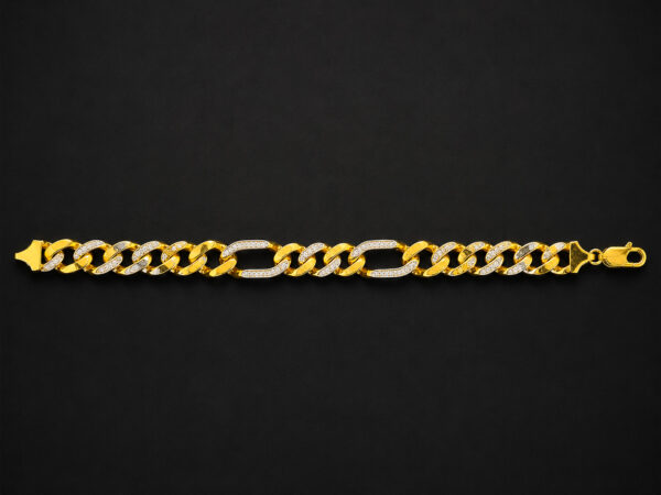 Gold Figaro Bracelet — Pavé Diamond-Cut Links