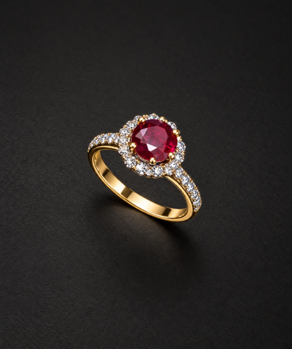 Gold Ring — Ruby Halo, Pavé Diamond Shoulders
