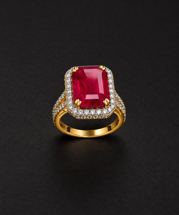 Gold Ring — Emerald-Cut Ruby, Double Diamond Halo