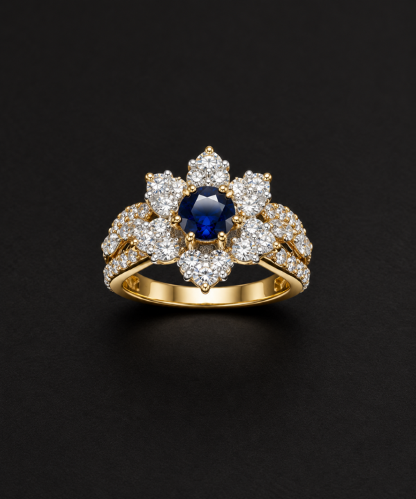 Gold Ring — Sapphire Flower Cluster, Diamond Halo