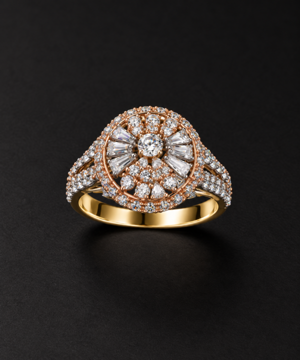 Gold Ring — Two-Tone Diamond Sunburst Cluster