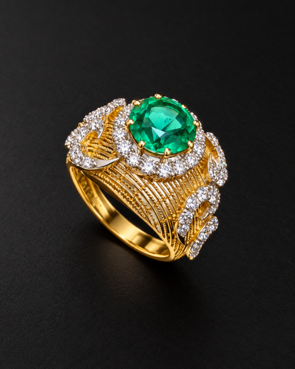 Gold Ring — Emerald Halo, Fluted Diamond Shoulders