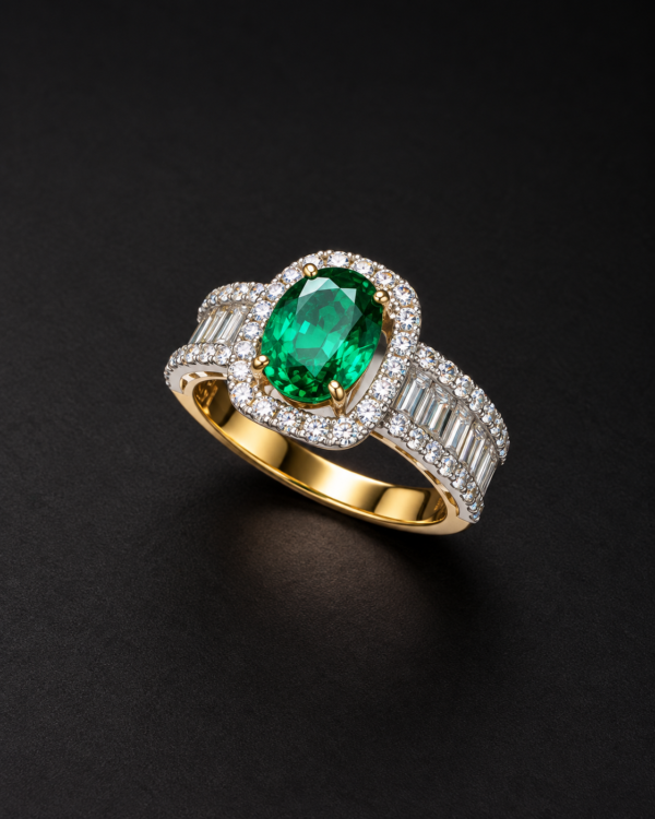 Gold Ring — Emerald Oval, Baguette Diamond Band