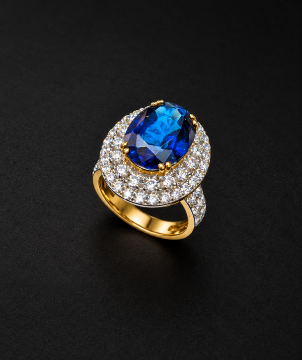 Gold Ring — Sapphire Oval, Double Diamond Halo