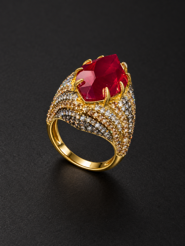 Gold Ring — Ruby Cocktail, Pavé Diamond Dome