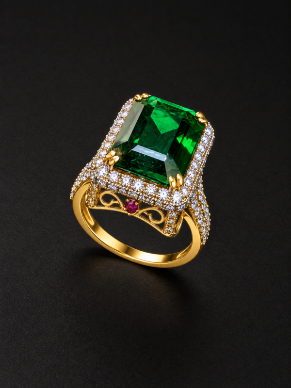 Gold Ring — Emerald Halo, Ruby Accent Gallery