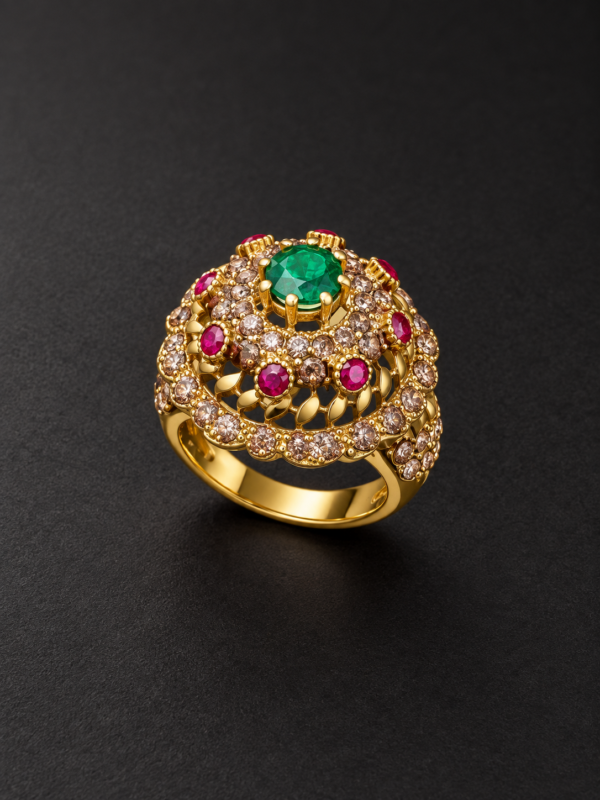Gold Ring — Emerald & Ruby Cluster Dome