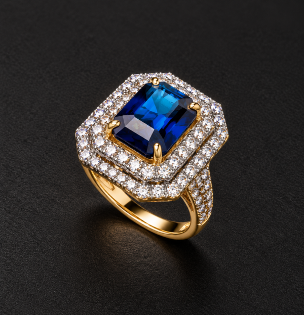 Gold Ring — Sapphire Centre, Double Square Halo