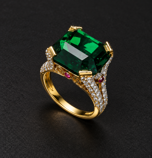 Gold Ring — Emerald Centre, Architectural Diamond Setting