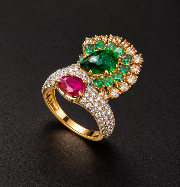 Gold Ring — Toi et Moi Emerald & Ruby, Floral Cluster