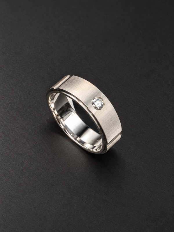 Men's Palladium Ring — Beveled Band, Off-Centre Bezel Diamond
